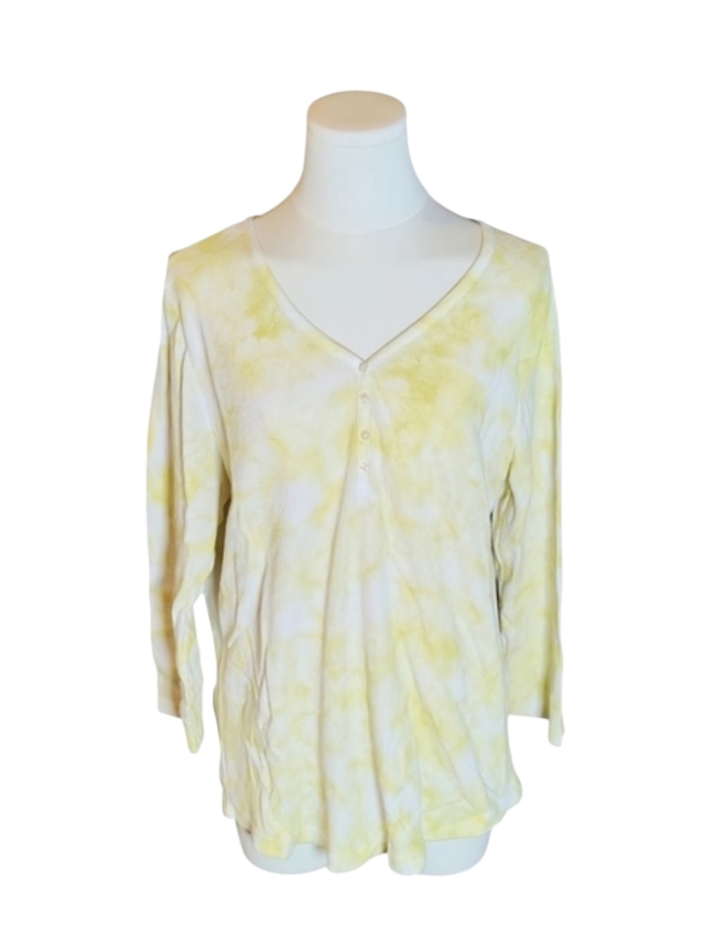 Nwot Style & Co Yellow Lime White Tie Dye Thermal V-Neck Button Tee Size X Large